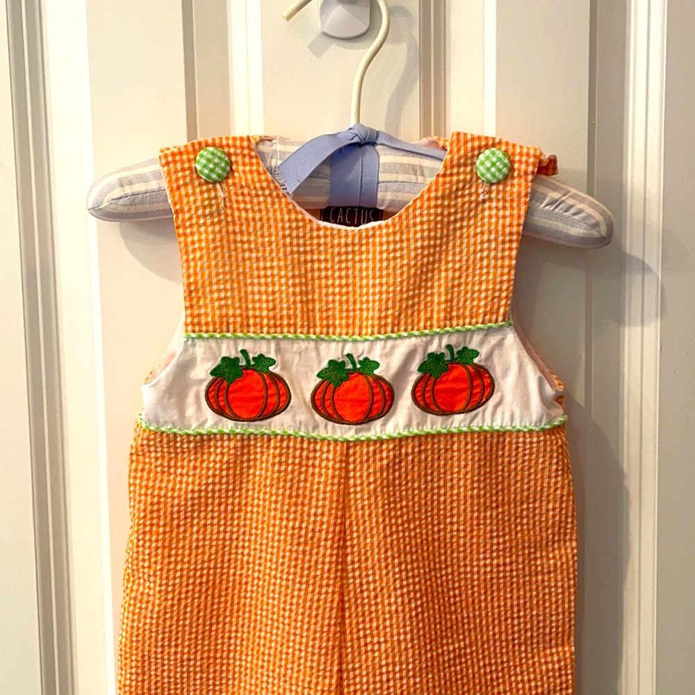 Lil Cactus Fall Smocked Pumpkins Longall Overall 2T Seersucker